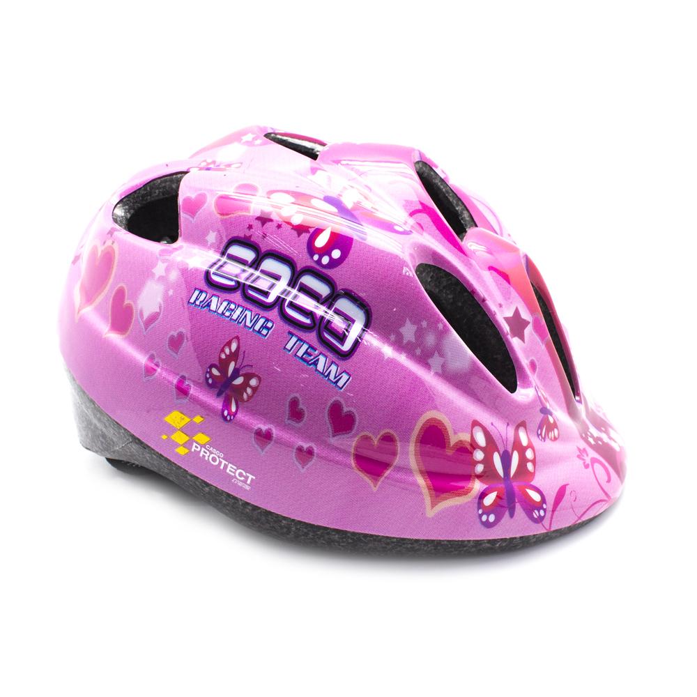 Capacete rosa para criança com corações e borboletas