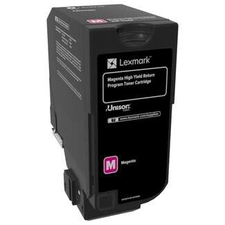Cartucho de toner magenta Lexmark em embalagem preta com texto branco e rosa