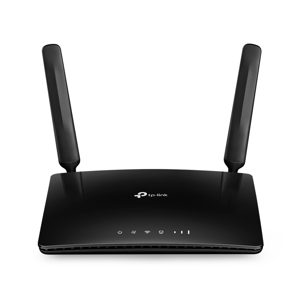 Roteador wireless tp-link preto com duas antenas verticais