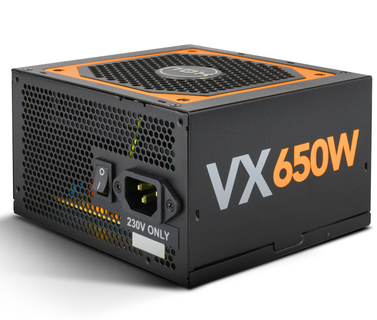 Fonte de alimentação de computador preta com texto VX 650W e grelha de ventilação