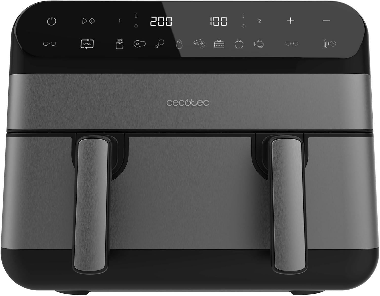Máquina de cozinha elétrica Cecotec preta e cinza com painel tátil e dois comandos