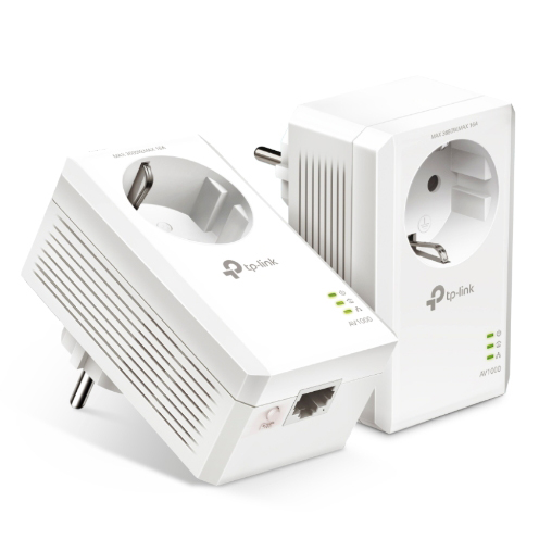 Dois adaptadores TP-Link brancos com tomadas europeias, LEDs e porta Ethernet