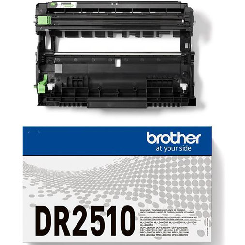 Tambor de impressora preto com detalhes verdes e caixa Brother DR2510