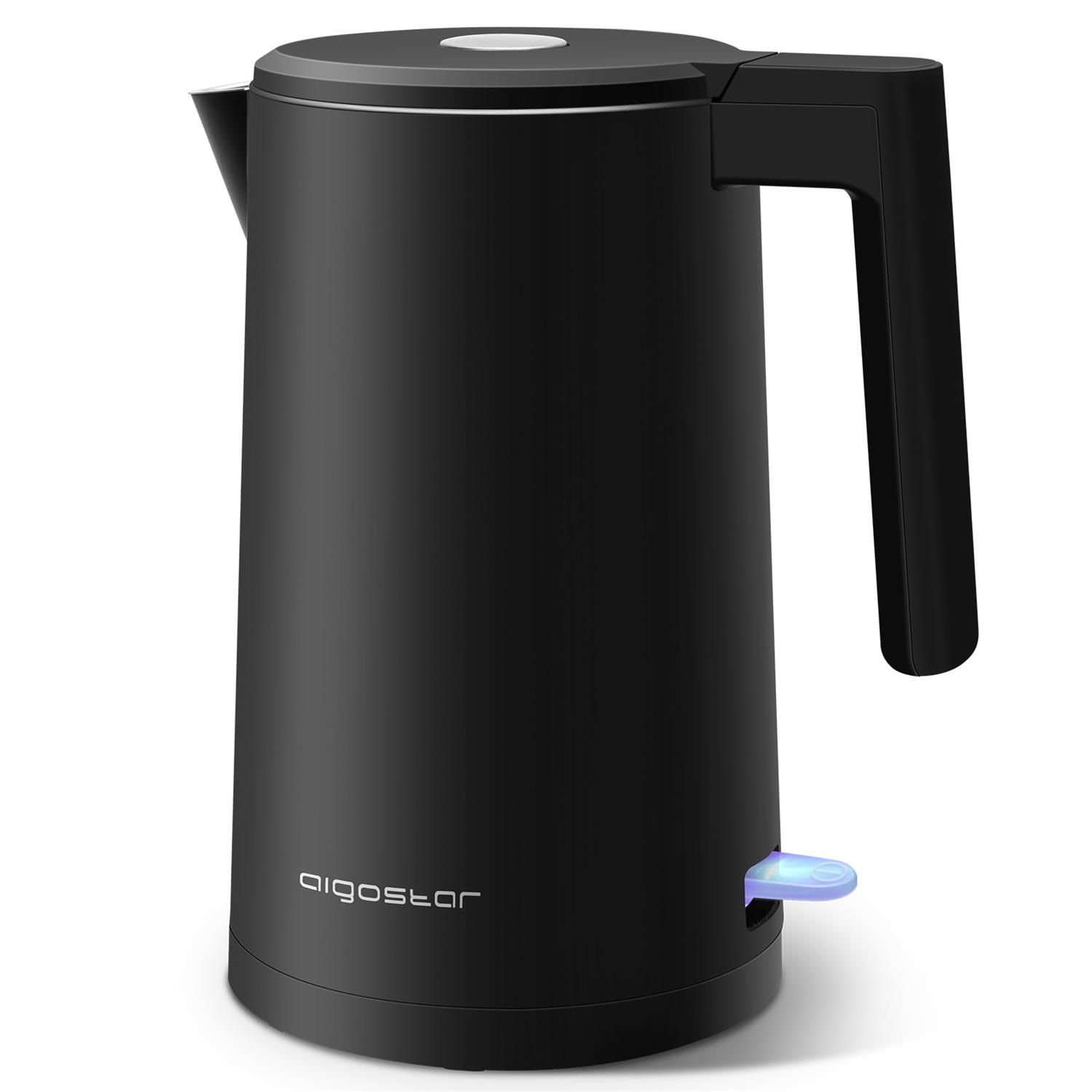 Chaleira elétrica preta com alça e pega iluminada azul da marca aigostar