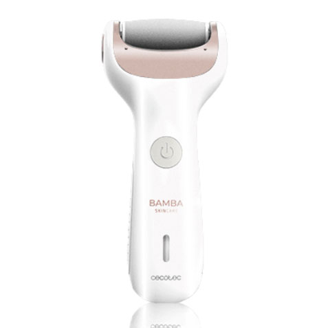 Aparelho de cuidados da pele branco e rosa com rolo texturizado cinza