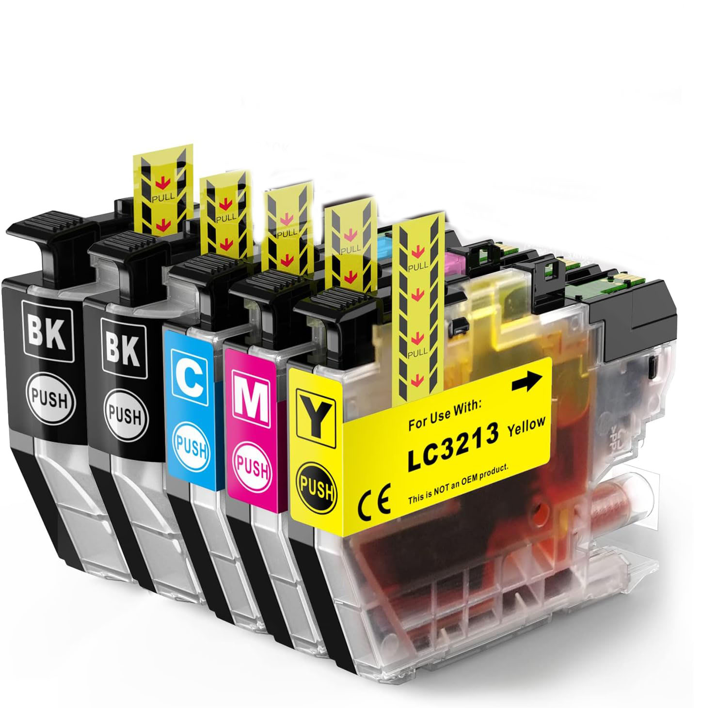 Conjunto de cinco tinteiros para impressora com adesivos de cores e etiquetas de aviso