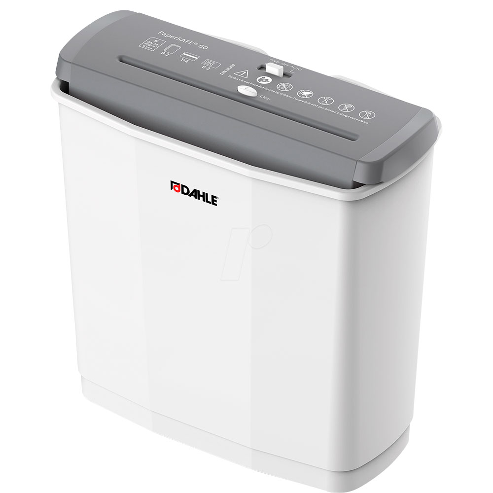 Triturador de papel branco DAHLE com tampa cinza e controles