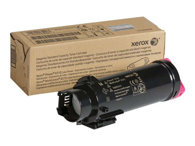 Cartucho de toner Xerox magenta com caixa castanha e texto