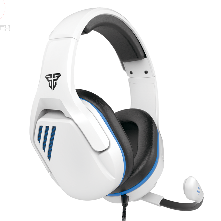 Auscultadores brancos com detalhes em azul e preto e microfone