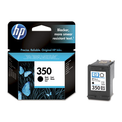 Cartucho de tinta HP 350 preto com embalagem preta e azul com borboletas azuis