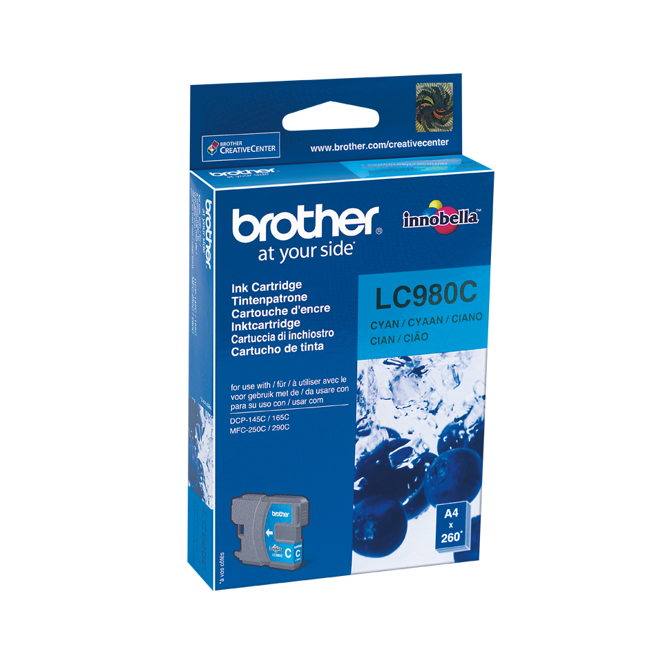 Embalagem de tinta Brother LC980C ciano para impressoras com texto multilíngue e imagem de bagaços azuis.