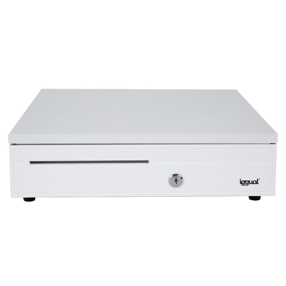 Gaveta de caixa registradora branca com fechadura e slot para notas