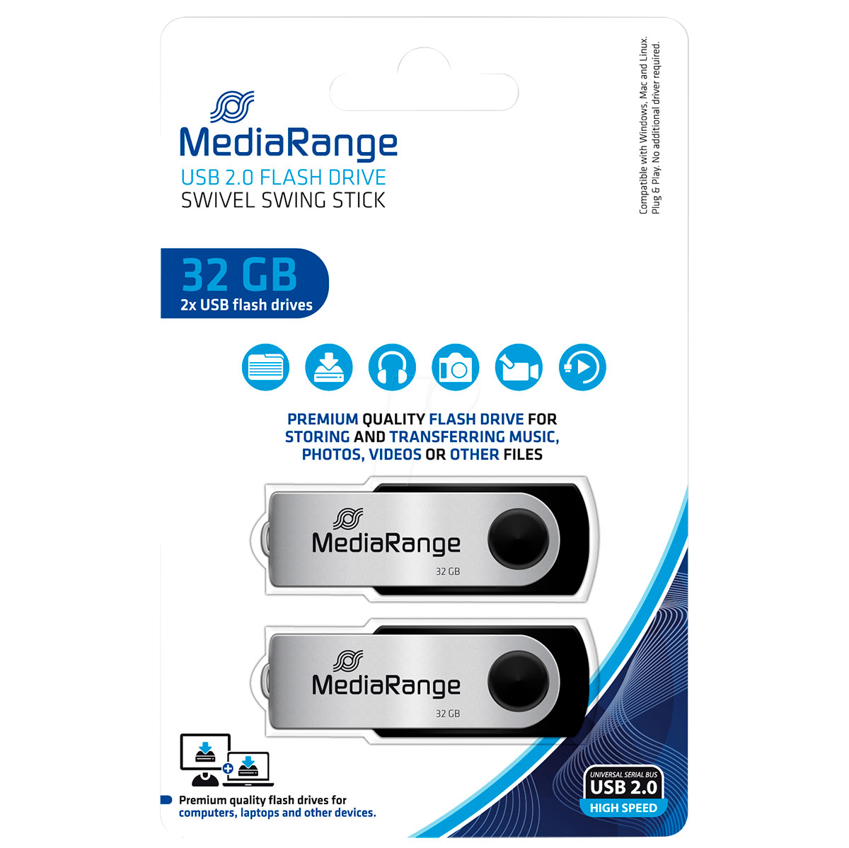 Pacote de 2 pen drives USB 2.0 MediaRange 32 GB prata e preto