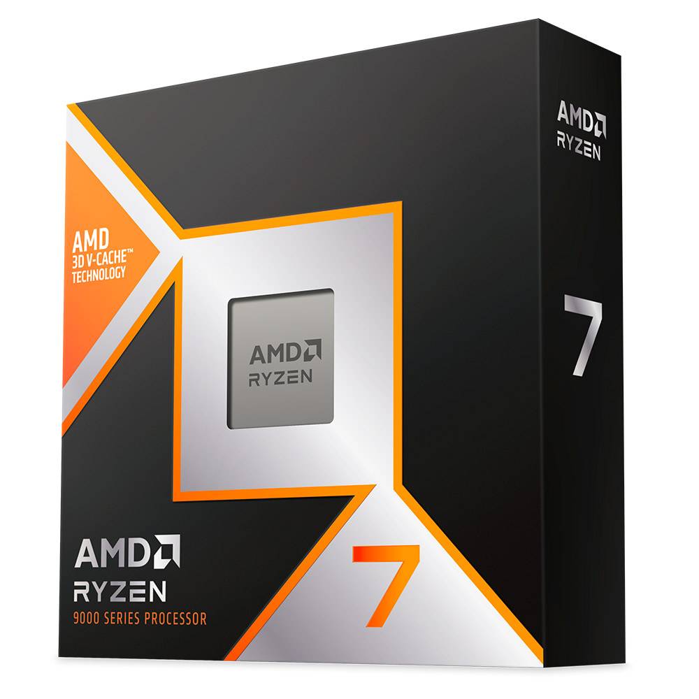 Embalagem de processador AMD Ryzen 7 9000 series com design preto, cinza e laranja.