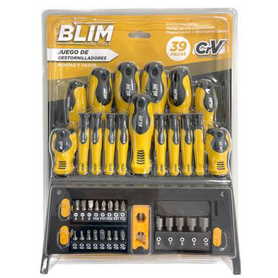 Conjunto de ferramentas BLIM com destornilladores e pontas em amarelo e preto no blister