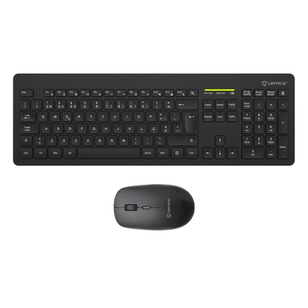 Conjunto teclado e rato USB sem fios preto UNYKA em fundo branco