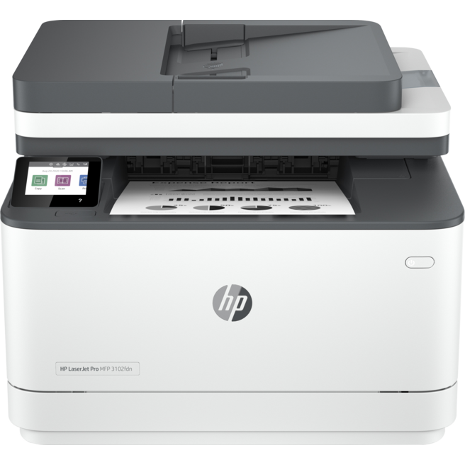 Impressora multifunções HP LaserJet Pro MFP 3102fdn com visor tátil colorido e papel impresso