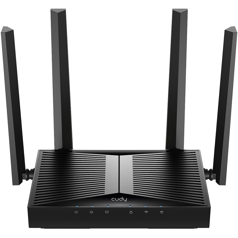 Roteador wireless preto com quatro antenas verticais e luzes indicadoras azuis