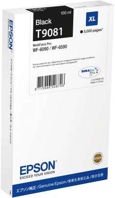 Caixa branca de tinta preta Epson T9081 para impressoras WorkForce Pro, 100 ml, etiqueta XL 6,000 páginas