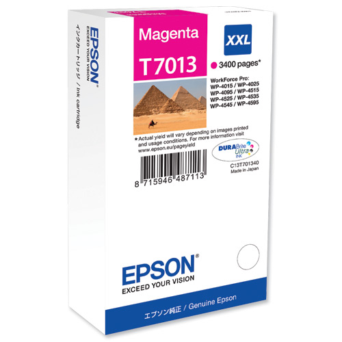 Embalagem de cartucho de tinta Epson Magenta T7013 XXL com imagem das pirâmides e texto de especificações