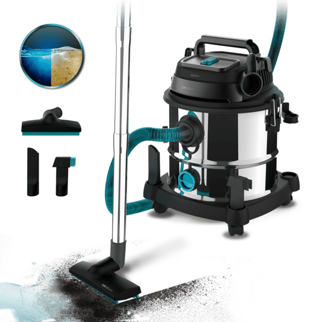 aspirador de pó e líquido metálico com acessórios e resíduos no chão