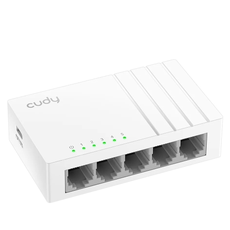 Switch de rede Cudy branco com cinco portas ethernet e LEDs verdes