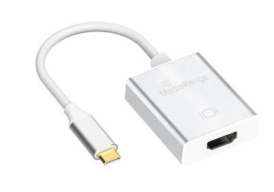 Adaptador USB-C para HDMI prateado com cabo curto branco