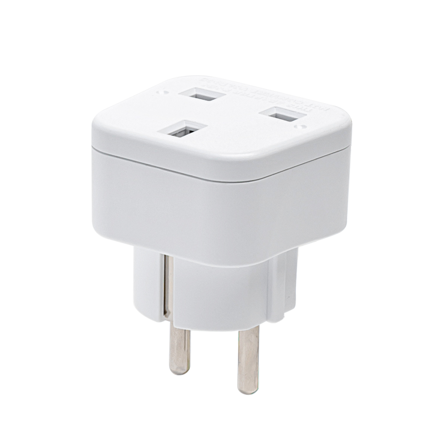 Adaptador de tomada elétrico branco com duas entradas e dois pinos metálicos