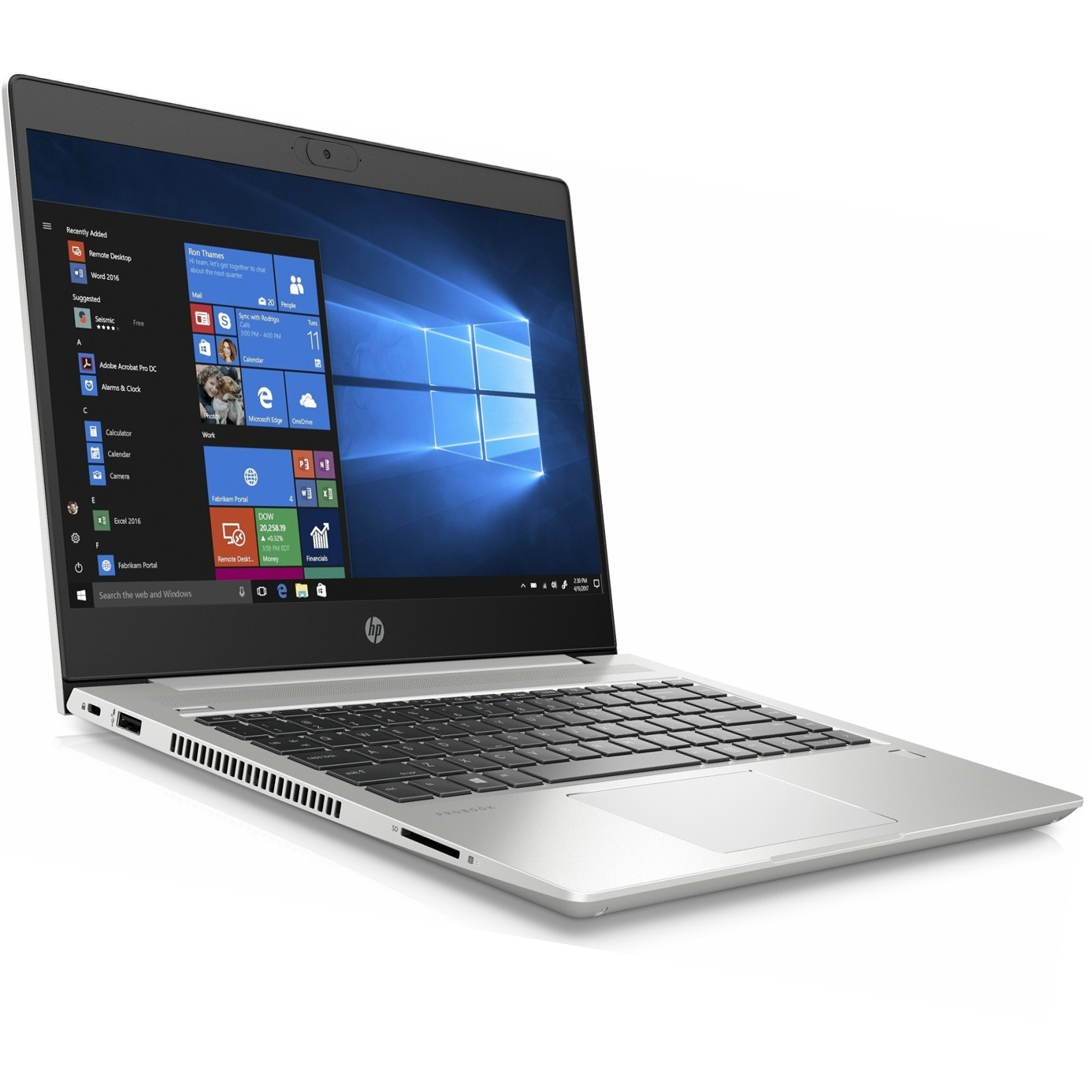 Portátil HP prateado com teclado preto e ecrã Windows 10 ligado