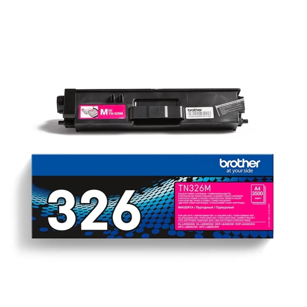 Cartucho de toner Brother TN-326M magenta com embalagem preta, azul e rosa