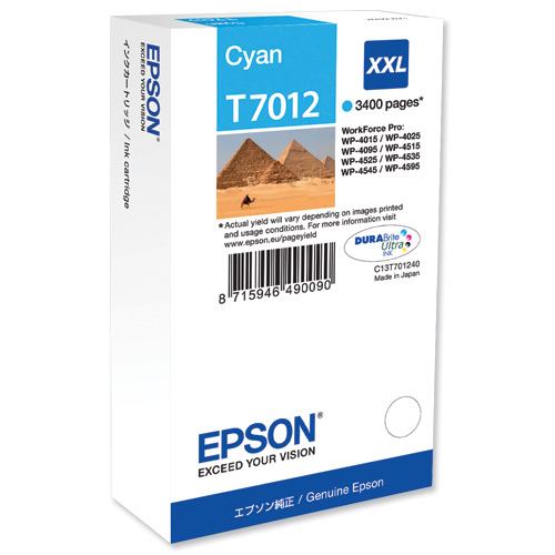 Embalagem de tinta Epson T7012 cian XXL para impressora com capacidade para 3400 páginas