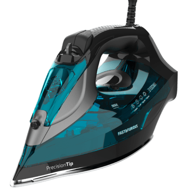 Ferro de engomar elétrico preto e azul com base metálica