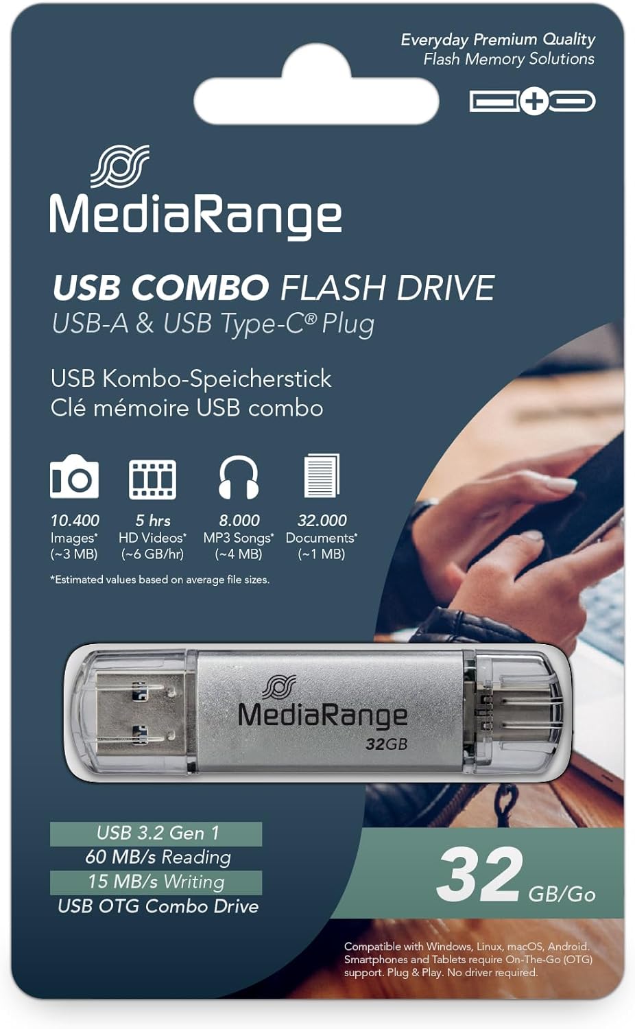 Pen USB MediaRange combo com 32GB em embalagem azul