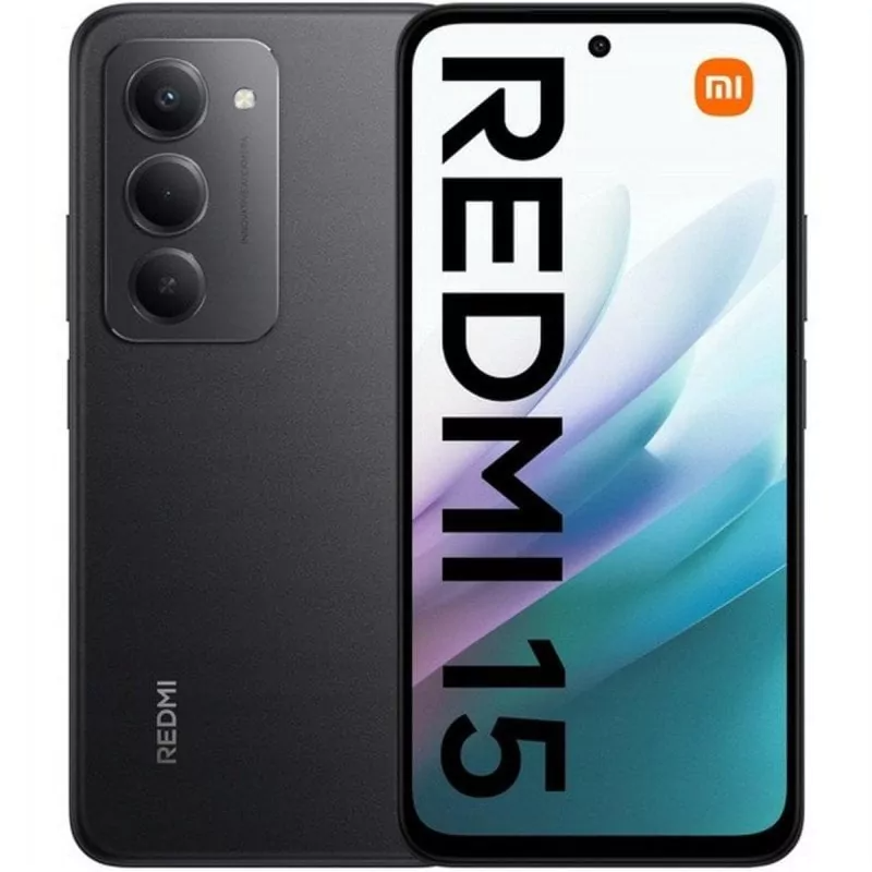 Smartphone Redmi 15 preto com câmaras traseiras e ecrã frontal com texto
