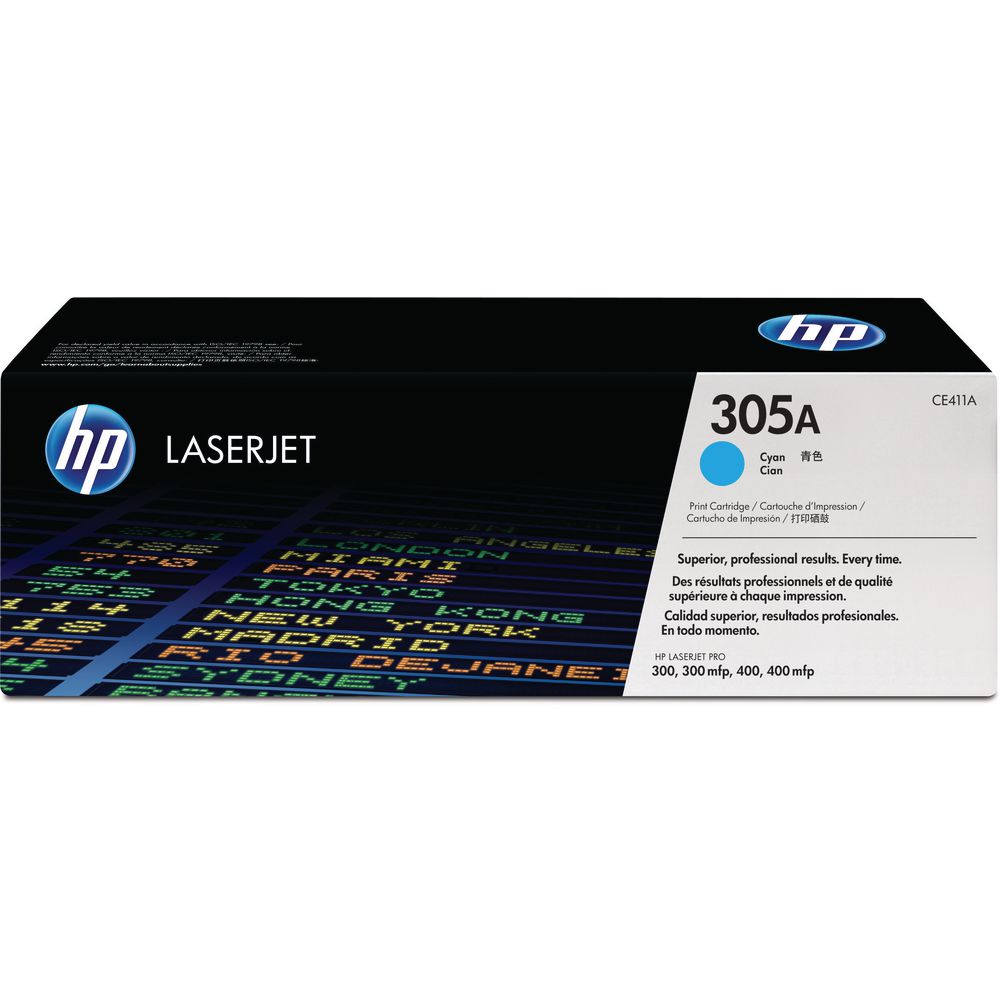 Caixa de toner HP LaserJet 305A Cyan, com texto e logótipo HP azul.