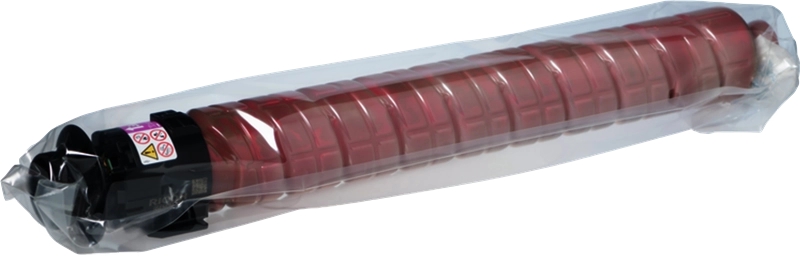 Toner de impressora vermelho embalado em plástico transparente com rótulos de aviso