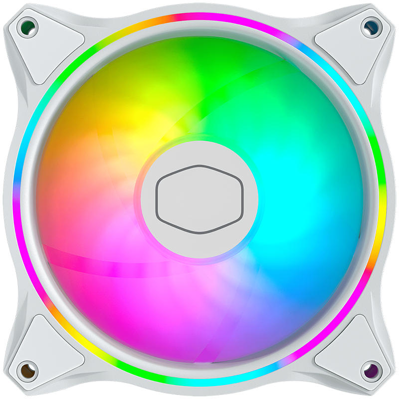 Ventoinha de computador branca com iluminação RGB multicolorida