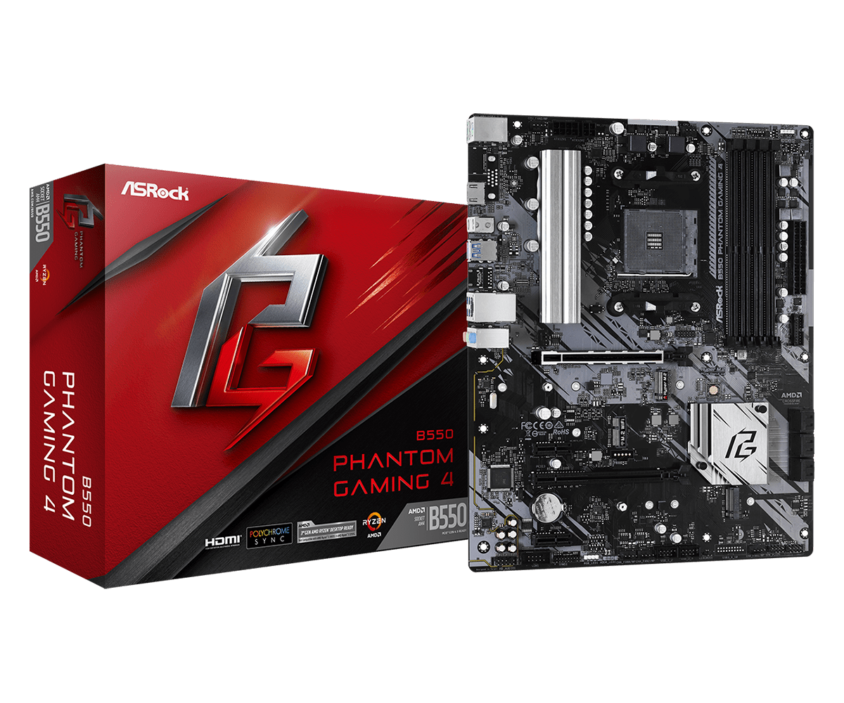 Placa-mãe ASRock B550 Phantom Gaming 4 com caixa vermelha