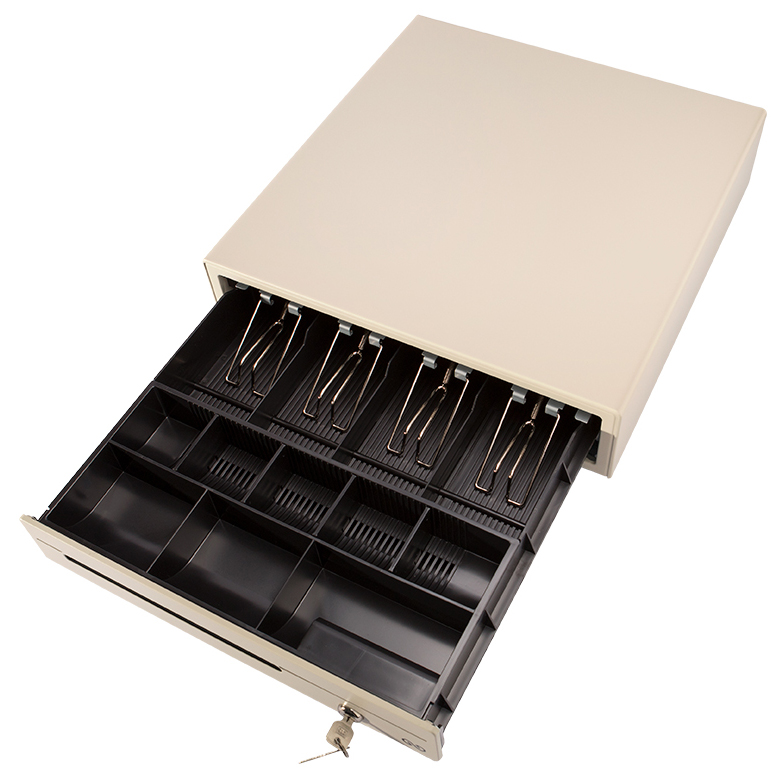 Gaveta metálica bege para caixa registadora com divisão interna preta e chave