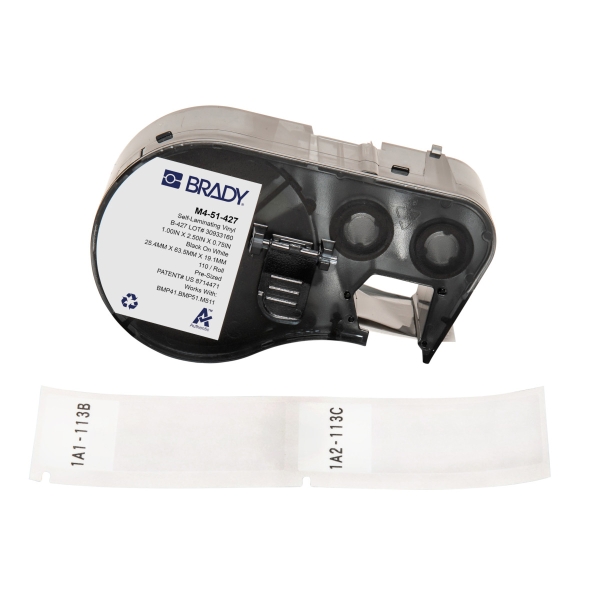 Rolo de fita para impressora de etiquetas Brady M4-51-427 com etiquetas brancas e texto preto