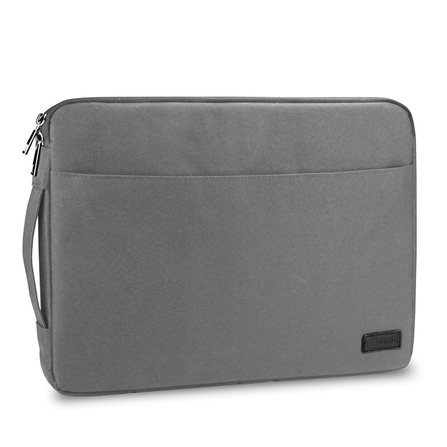 mala cinzenta para portátil em tecido resistente com fecho duplo metálico e bolso frontal