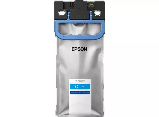 Unidade de tinta Epson azul em saco prateado com pega azul