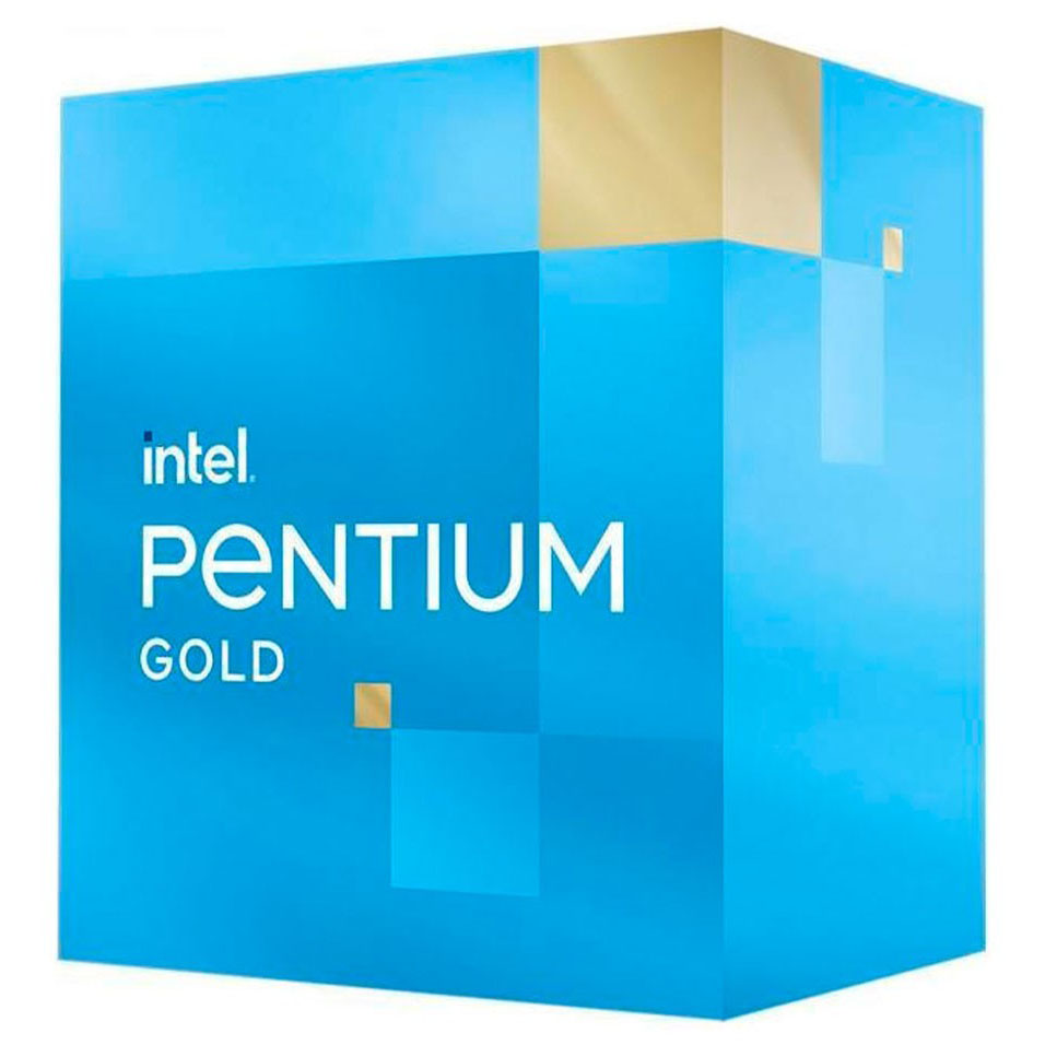 Caixa azul e dourada de Intel Pentium Gold com textos brancos