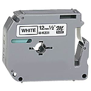 Cassete de fita para rotuladora cinza com etiqueta branca e texto impresso