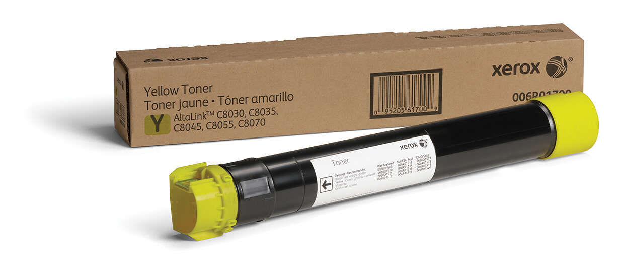 Cartucho de toner amarelo Xerox com embalagem de cartão castanho