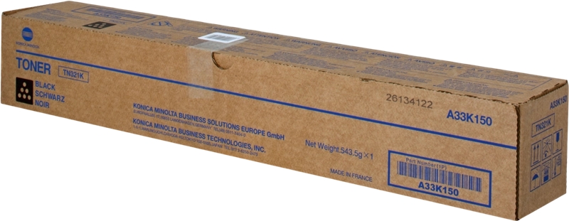 Caixa de toner Konica Minolta TN321K preto em embalagem de cartão castanho com texto azul.