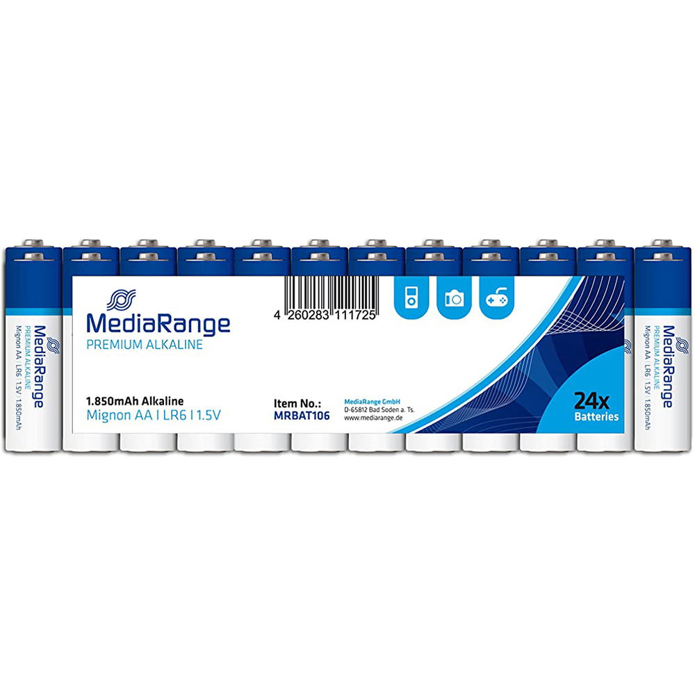 Pack de 24 pilhas alcalinas MediaRange Mignon AA LR6 1.5V branco e azul