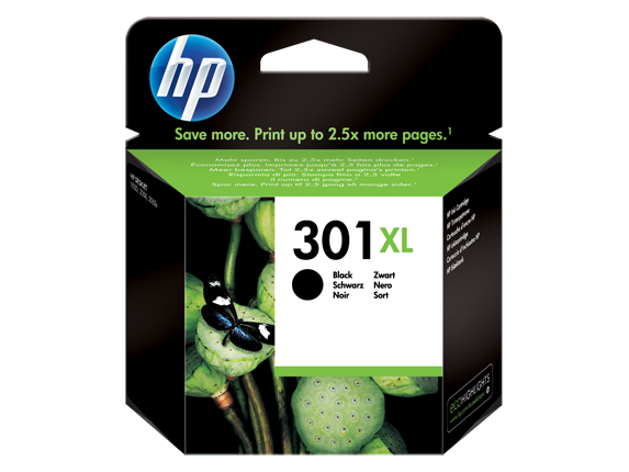 Cartucho de tinta HP 301 XL preto com embalagem preta e verde