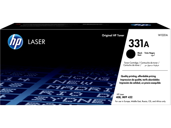 Embalagem de toner HP Laser preto e branco com texto e indicações de uso