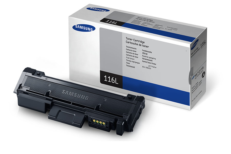 Toner Samsung 116L preto com caixa branca e azul com texto e logótipo